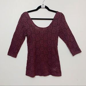 Pins & Needles UO Burgundy Plum Floral Lace Semi Sheer Scoop Neck Top M